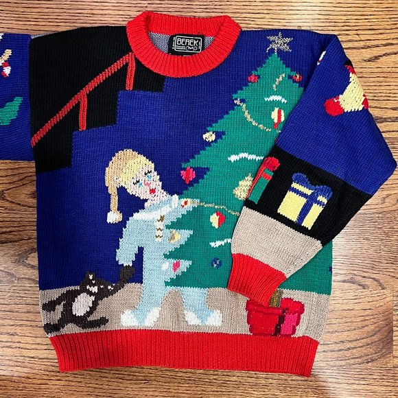 Vtg BEREK Cotton Hand Knit Ugly Christmas Sweater Tree Santa Metallic Small S - Picture 2 of 15